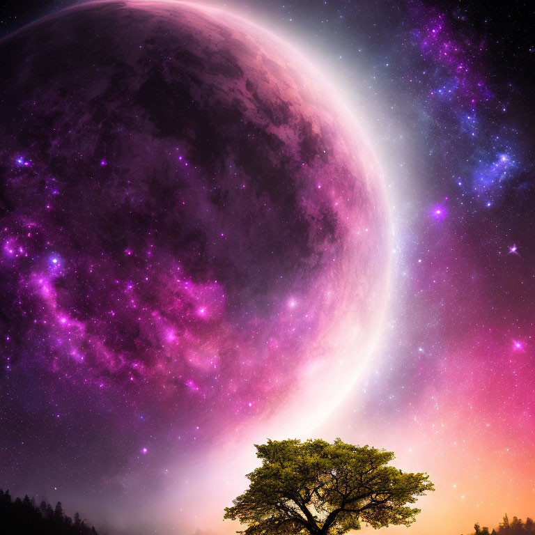 Large purple planet overlooking solitary tree in vibrant cosmic scene