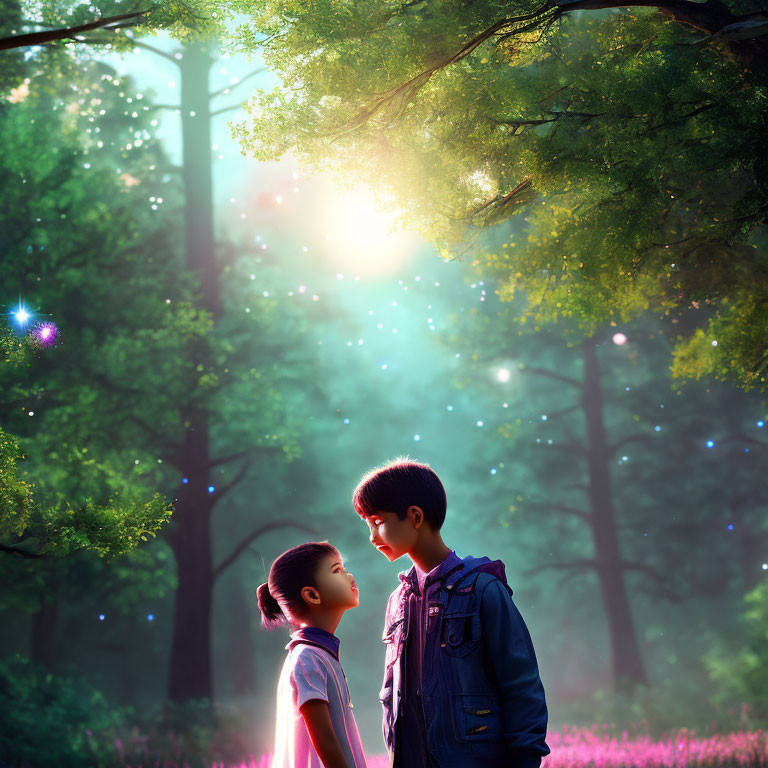 Children standing in magical forest with sunlight and sparkles.