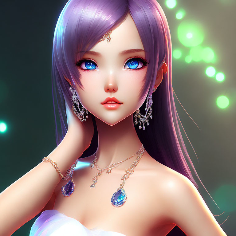 Female illustration: Purple hair, large blue eyes, elegant gemstone jewelry, subtle smile, blurred green