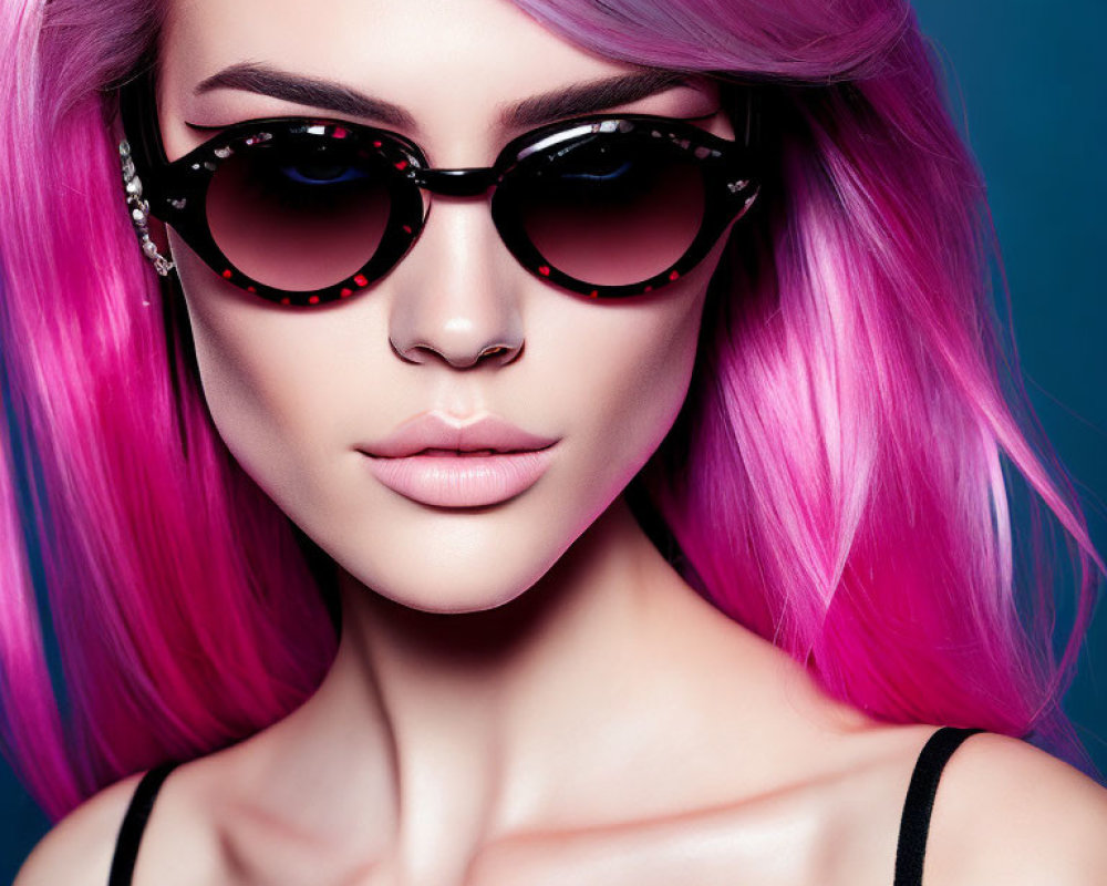 Vibrant pink hair and stylish sunglasses on blue backdrop.