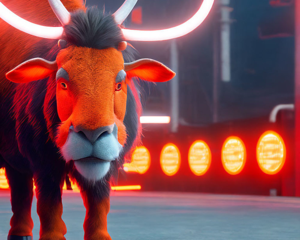 Stylized animated bull with glowing horns in futuristic setting