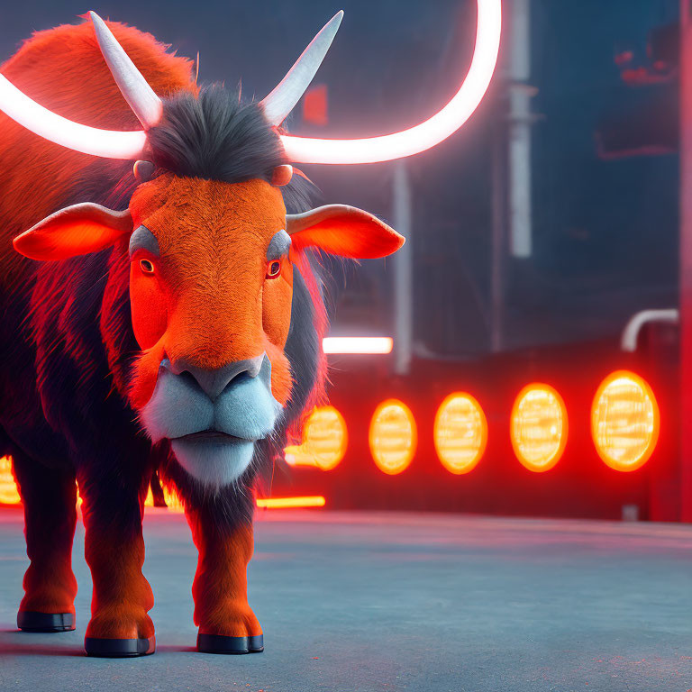 Stylized animated bull with glowing horns in futuristic setting