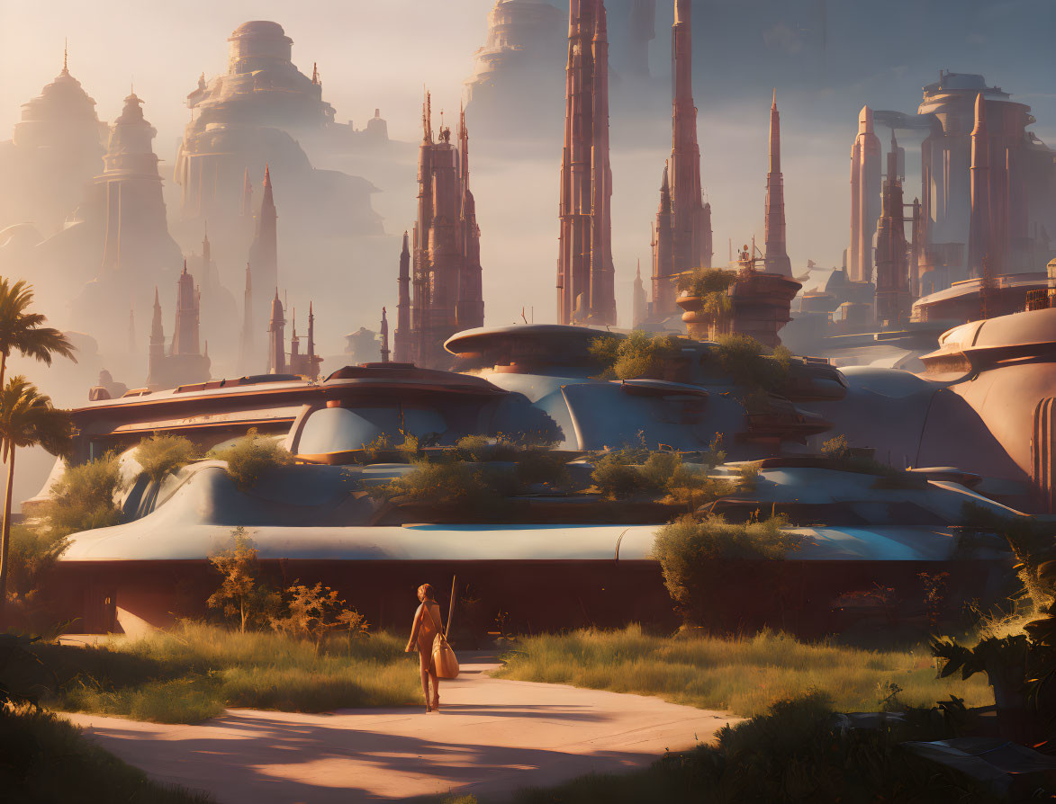 Figure Walking Towards Futuristic Towers in Lush Setting