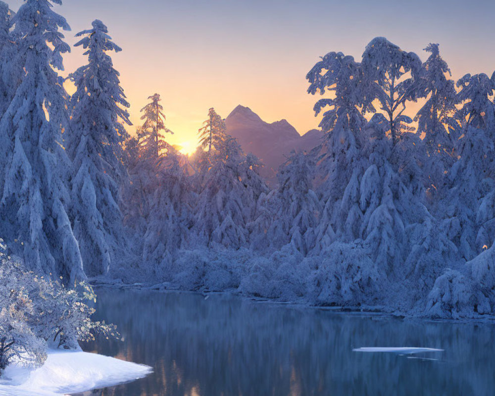 Scenic sunrise over snow-covered mountains and trees by a calm lake