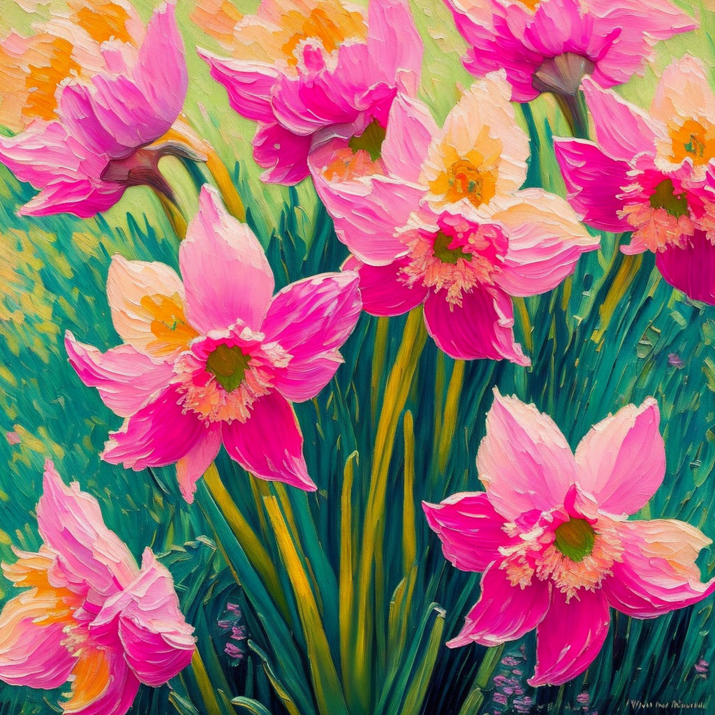 Colorful Pink Flowers with Yellow Centers on Green Background