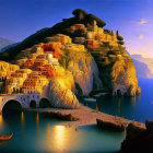 Coastal terraced city with vibrant orange roofs on cliffs by calm blue waters