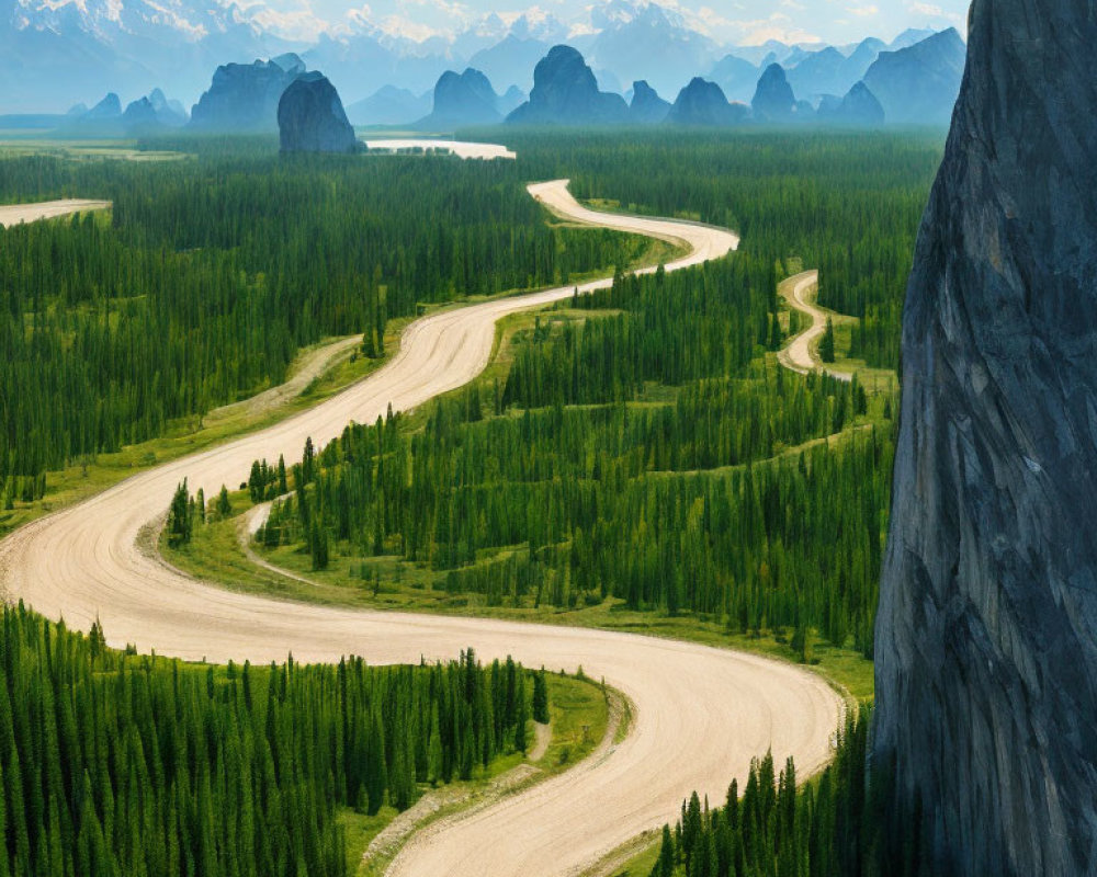 Scenic dirt road through lush forest and mountains