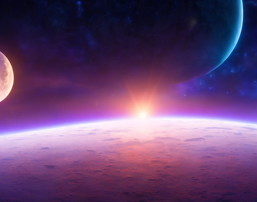 Colorful space scene with sun, alien planet, large planet, moon, and stars