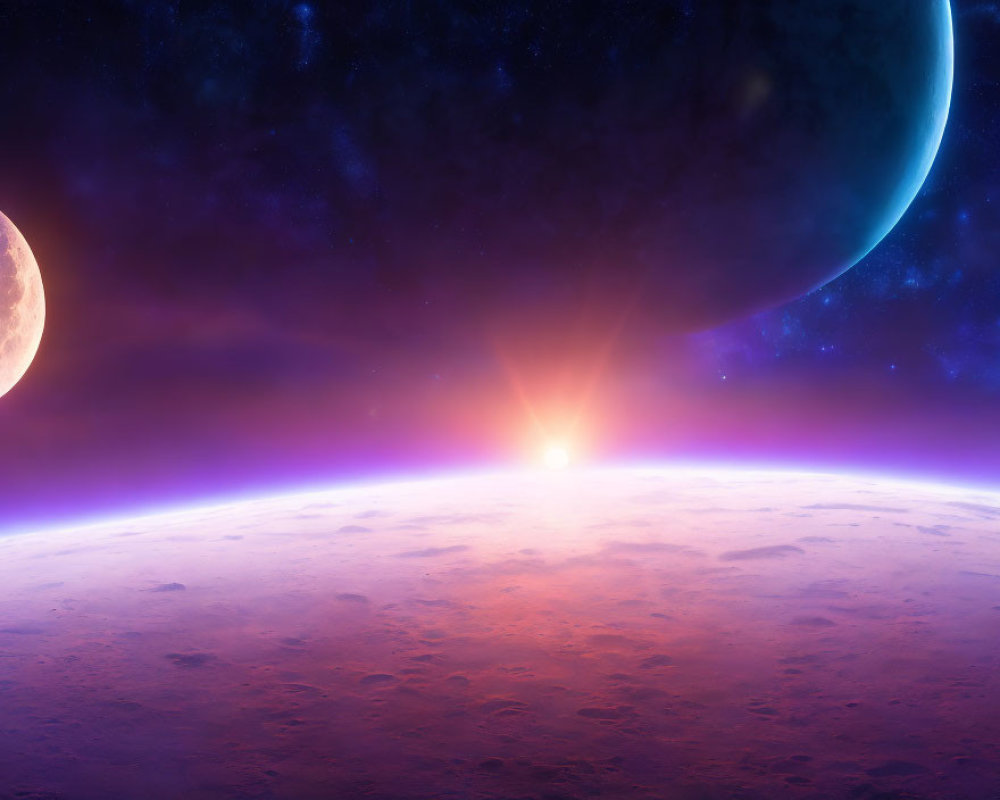 Colorful space scene with sun, alien planet, large planet, moon, and stars