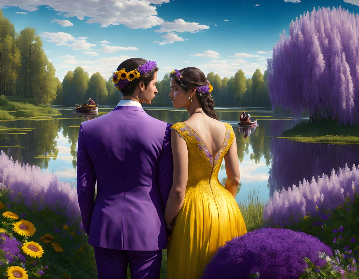 Couple in Purple and Yellow Attire by Serene Lake with Lavender and Trees