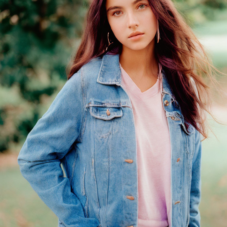 Young woman in denim jacket and pink top against blurred green background