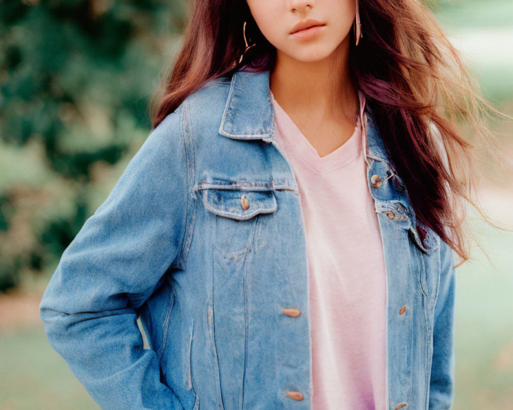 Young woman in denim jacket and pink top against blurred green background