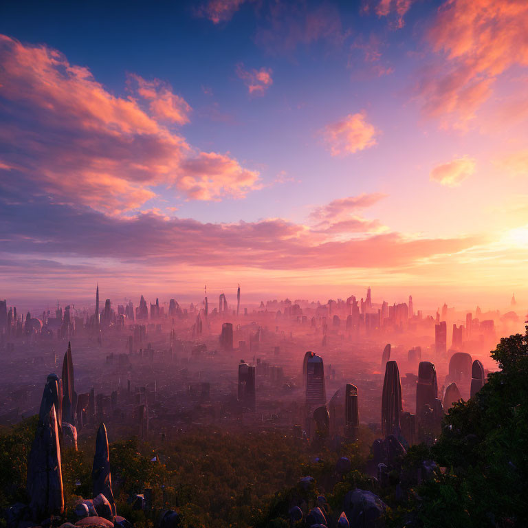 Futuristic cityscape at sunrise with vibrant sky