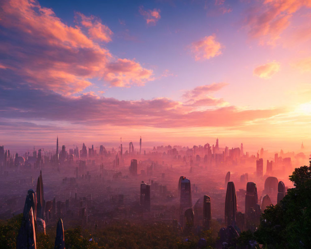 Futuristic cityscape at sunrise with vibrant sky