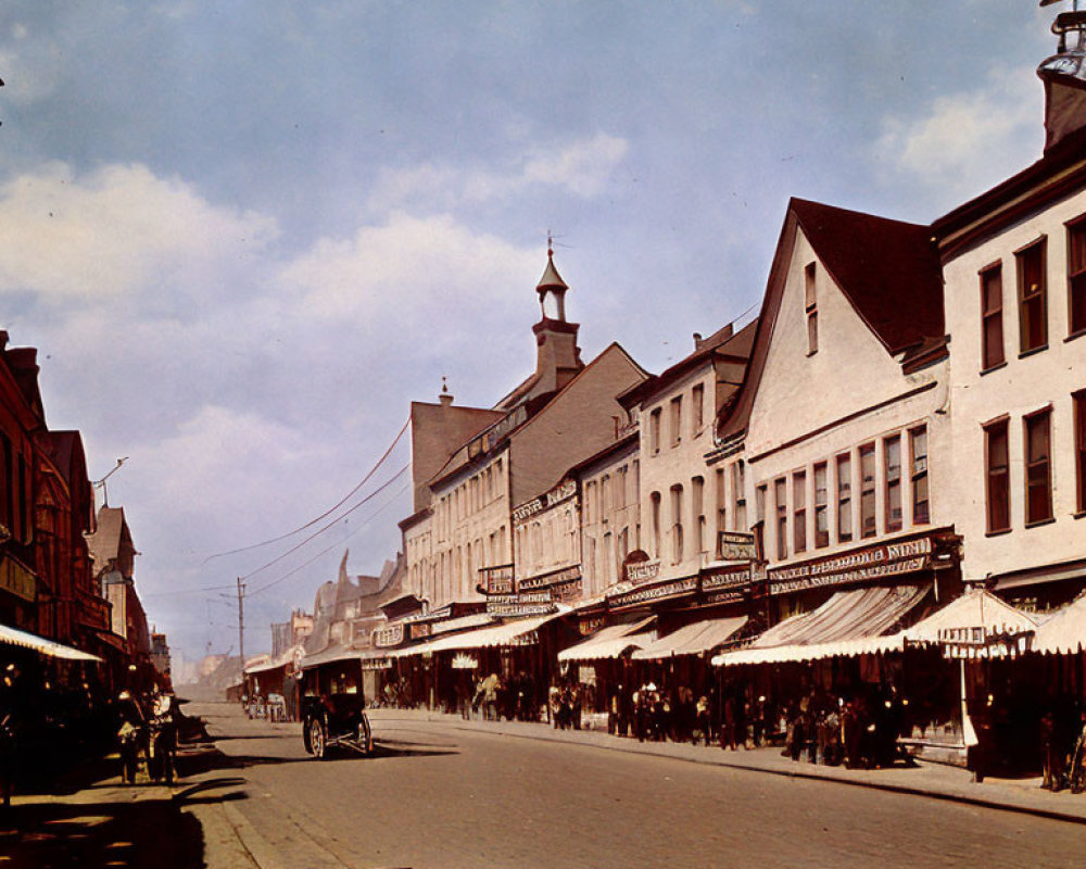 Historical street scene with horse-drawn carriages and pedestrians