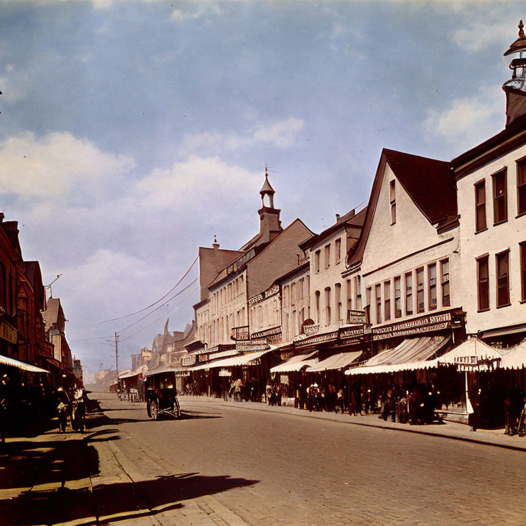 Historical street scene with horse-drawn carriages and pedestrians