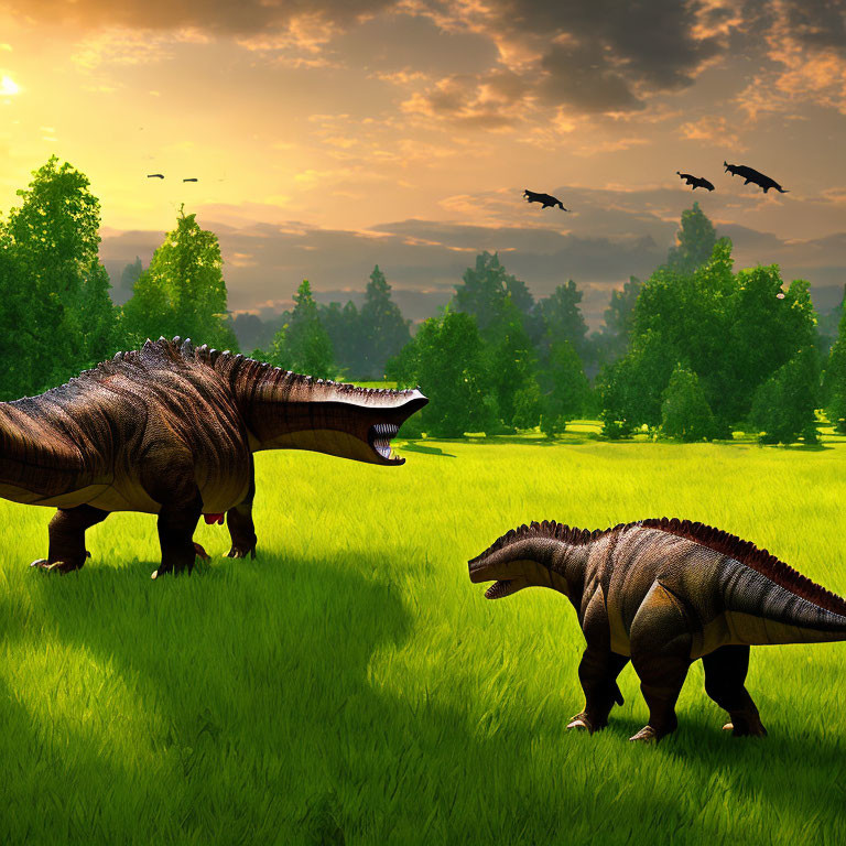 Two large dinosaurs in grassy field with trees and flying birds at sunset