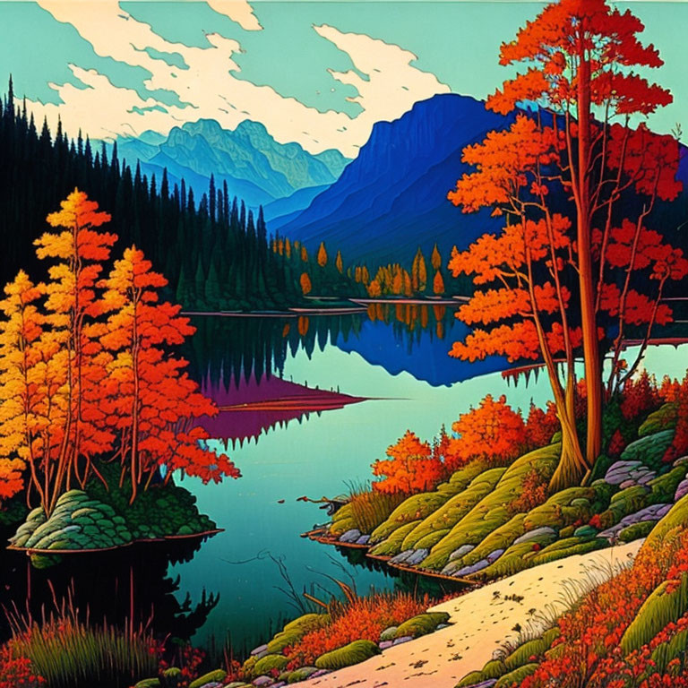 Scenic autumn landscape with colorful trees, reflecting lake, and blue mountains