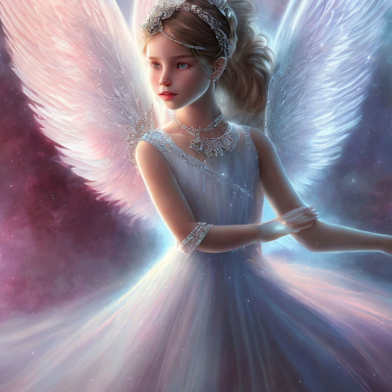 Fantasy illustration of young angelic girl with radiant wings in blue dress