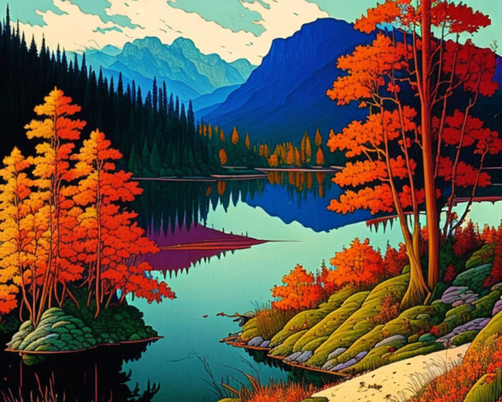 Scenic autumn landscape with colorful trees, reflecting lake, and blue mountains