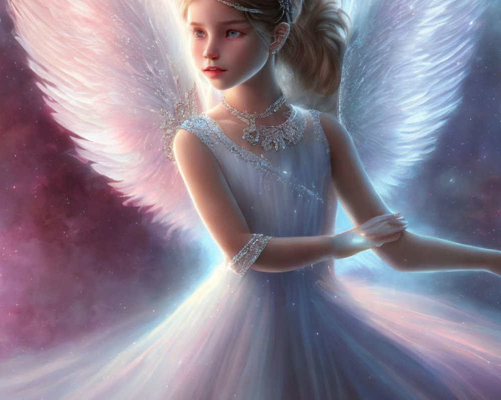 Fantasy illustration of young angelic girl with radiant wings in blue dress