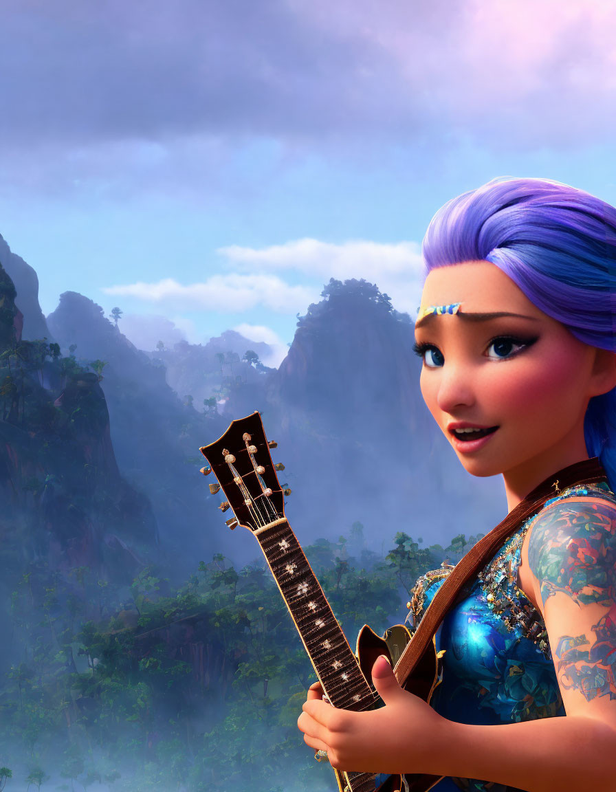 Blue-haired character with tattoos playing guitar against misty mountains