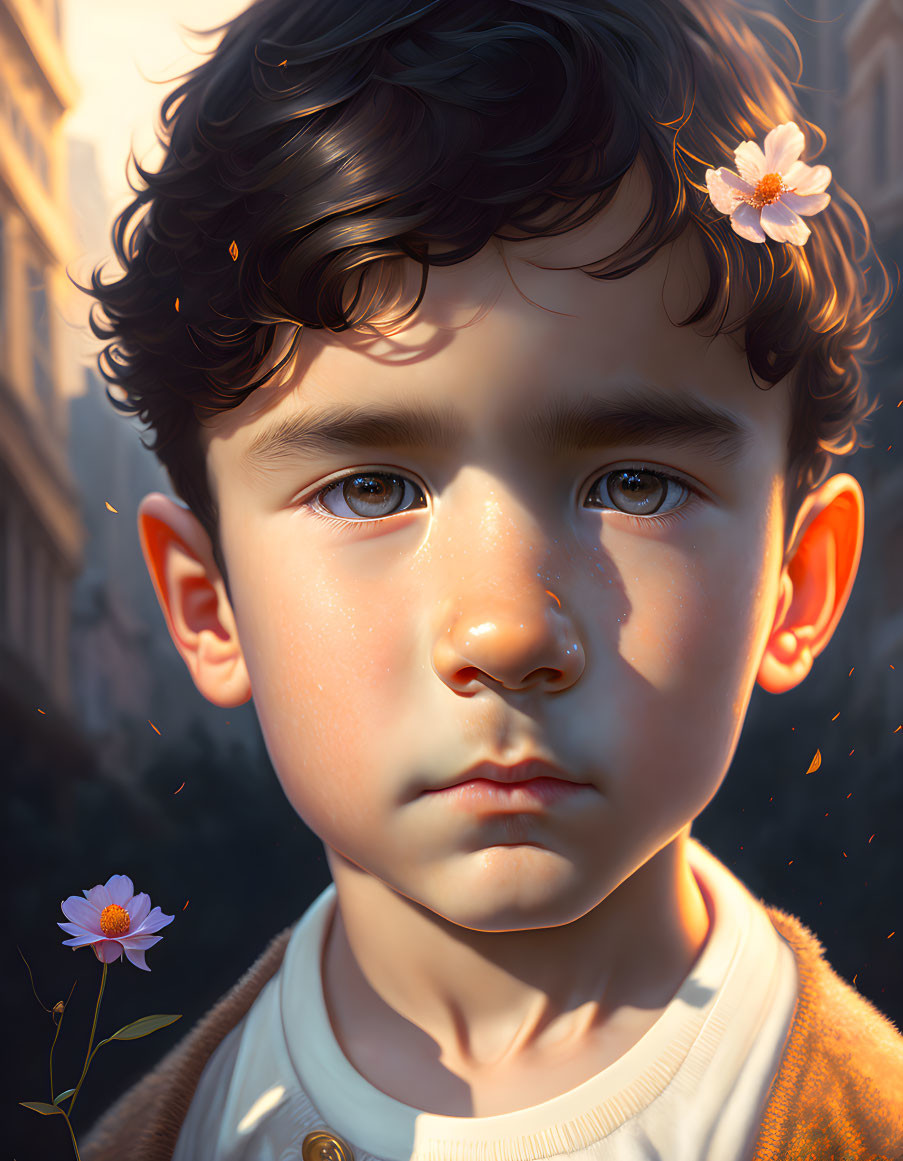 Close-Up Digital Artwork: Young Boy with Curly Hair and Flower in Urban Setting