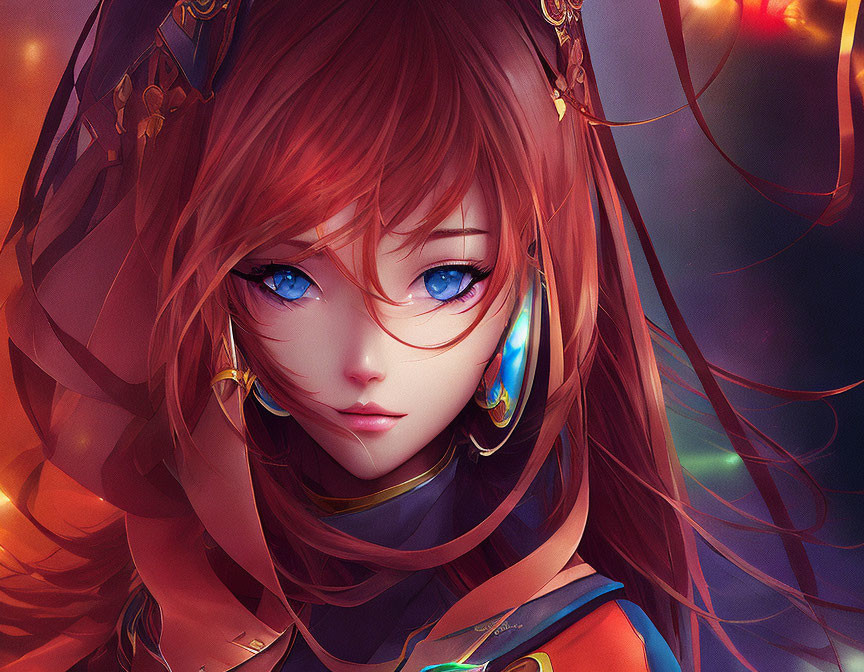 Digital Artwork: Female Character with Blue Eyes and Red Hair