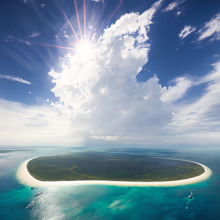 Tropical Island with Crescent Shape, Turquoise Waters, Boats, and Sunburst