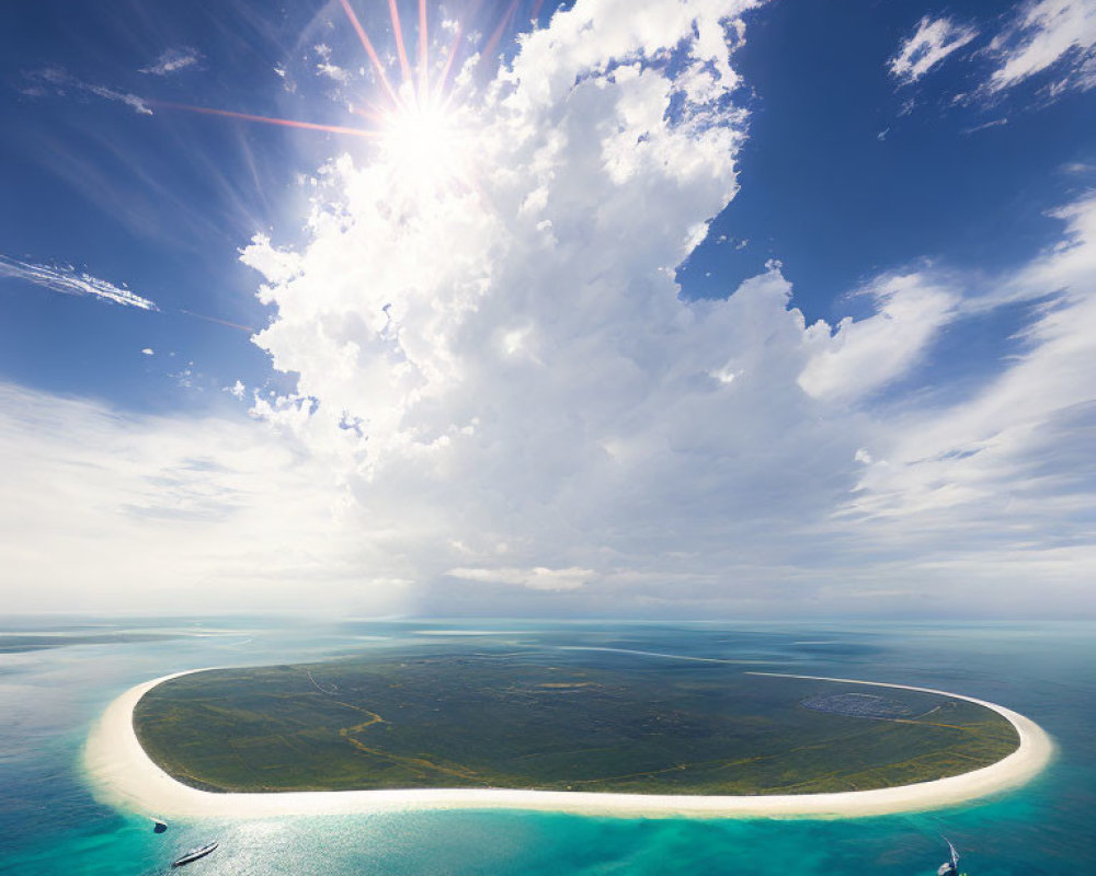 Tropical Island with Crescent Shape, Turquoise Waters, Boats, and Sunburst