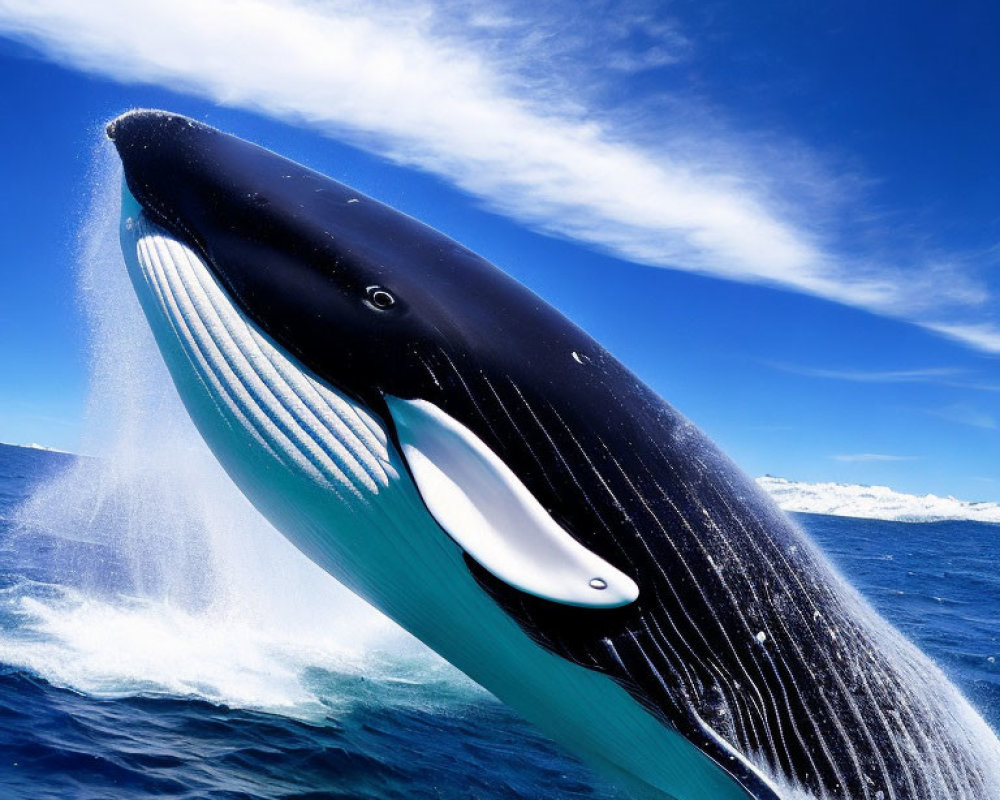 Humpback Whale Breaching with Blue Sky Background