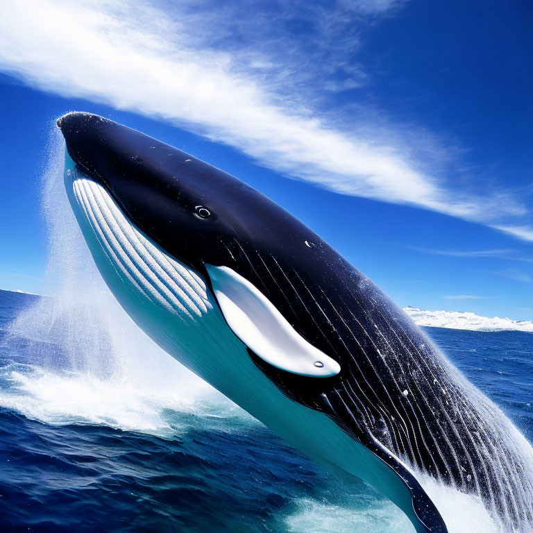 Humpback Whale Breaching with Blue Sky Background