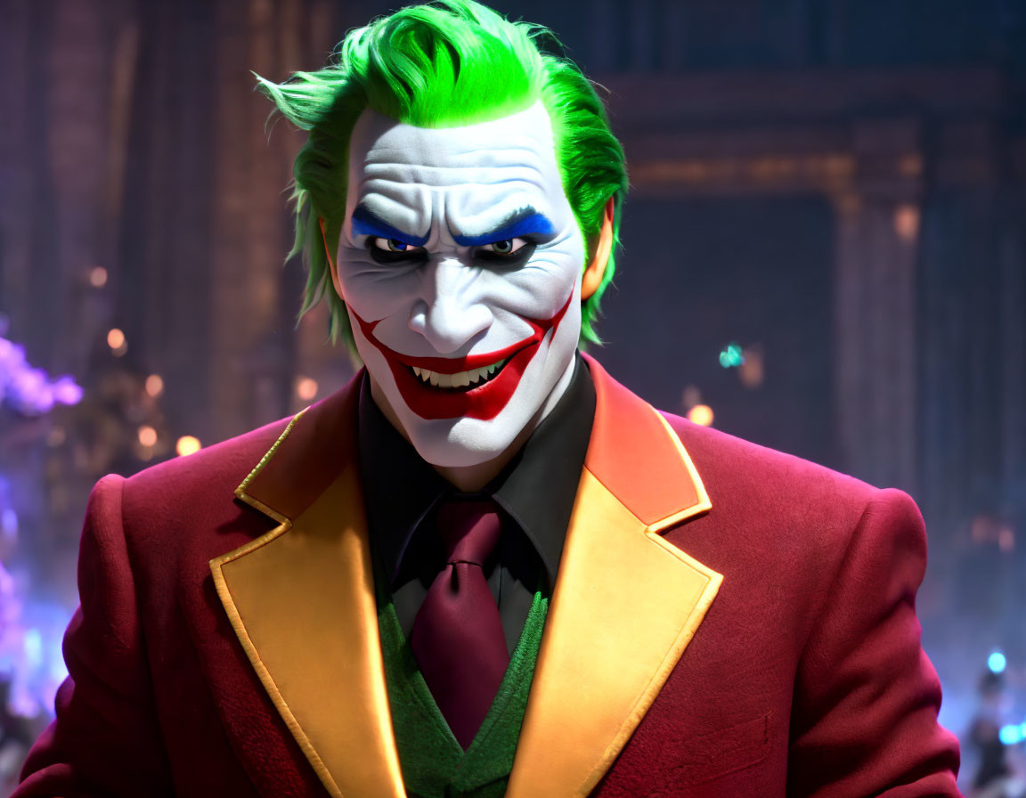 Colorful 3D illustration of Joker with green hair and purple suit