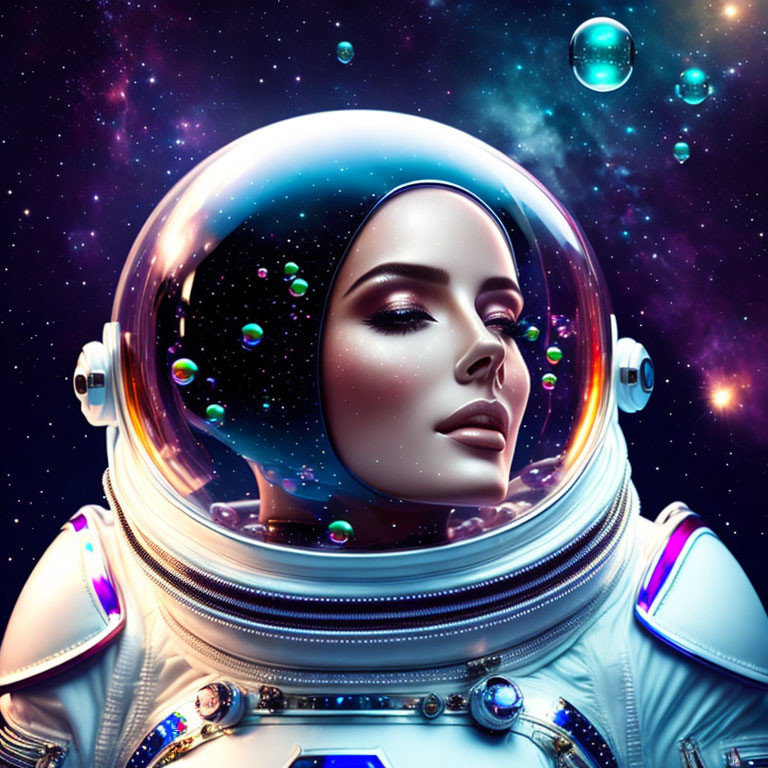 Vibrant digital artwork of woman astronaut in reflective helmet amidst cosmic elements and floating bubbles against starry