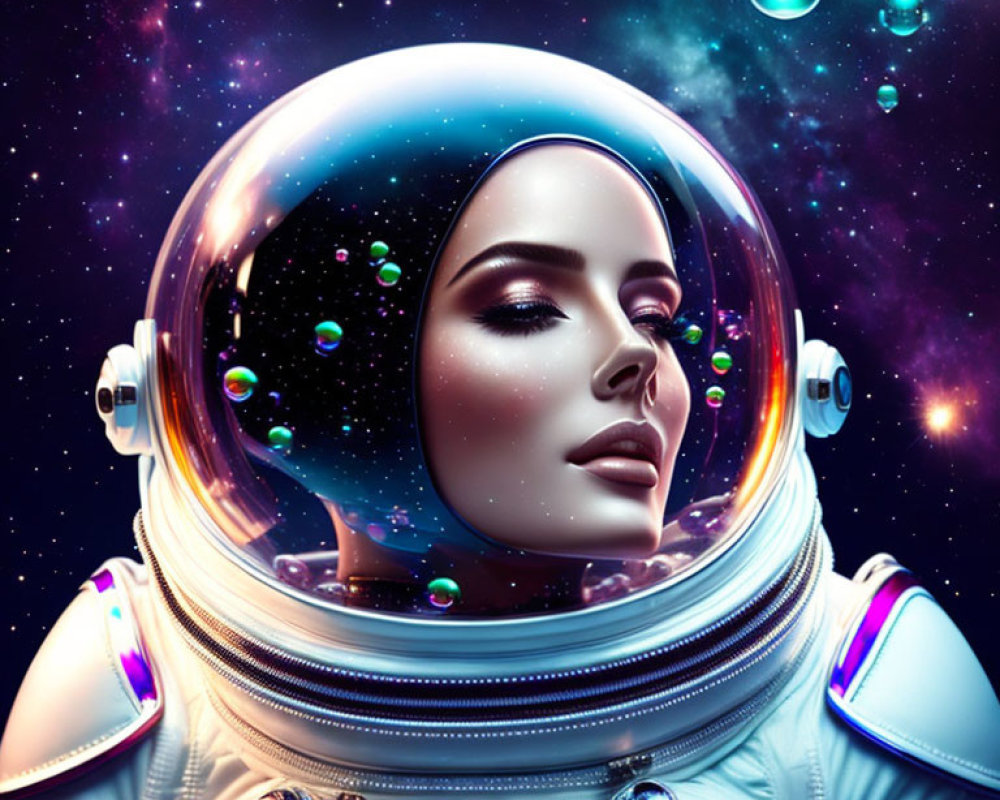 Vibrant digital artwork of woman astronaut in reflective helmet amidst cosmic elements and floating bubbles against starry