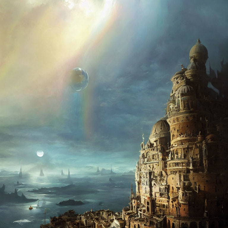 Fantastical cityscape with towering structures, ships, and two moons in dramatic sky