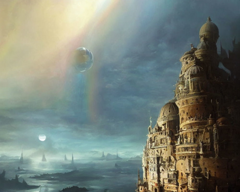Fantastical cityscape with towering structures, ships, and two moons in dramatic sky