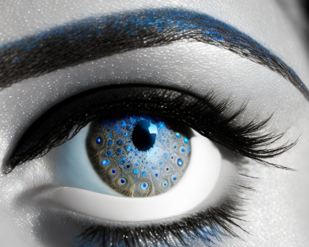 Detailed Close-Up of Human Eye with Blue Eyeshadow and Enhanced Iris