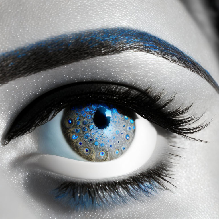 Detailed Close-Up of Human Eye with Blue Eyeshadow and Enhanced Iris