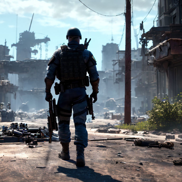 Soldier in combat gear amidst urban ruins with rifle and abandoned guns.