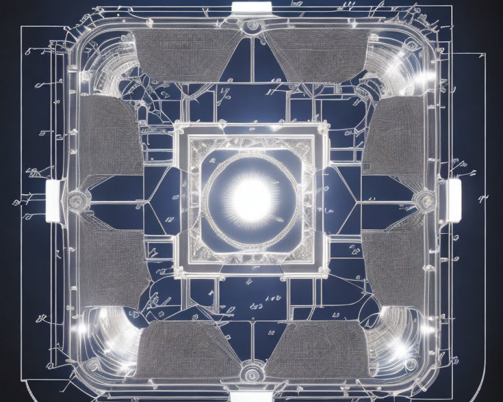 Detailed blueprint-style illustration of fictional spacecraft or space station with annotations on dark background