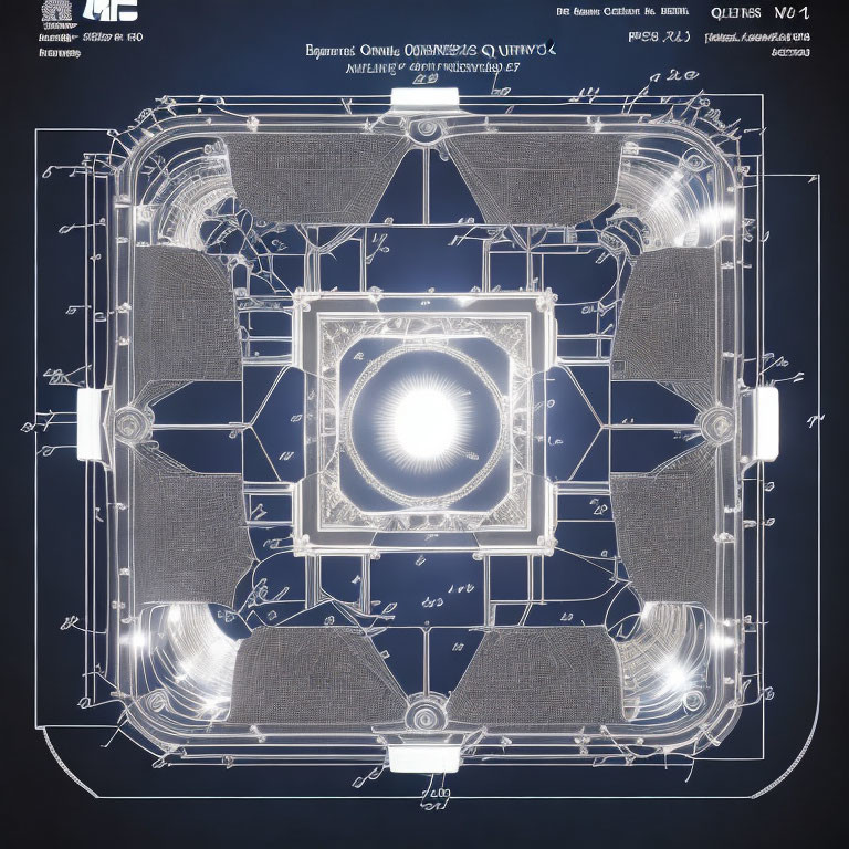 Detailed blueprint-style illustration of fictional spacecraft or space station with annotations on dark background