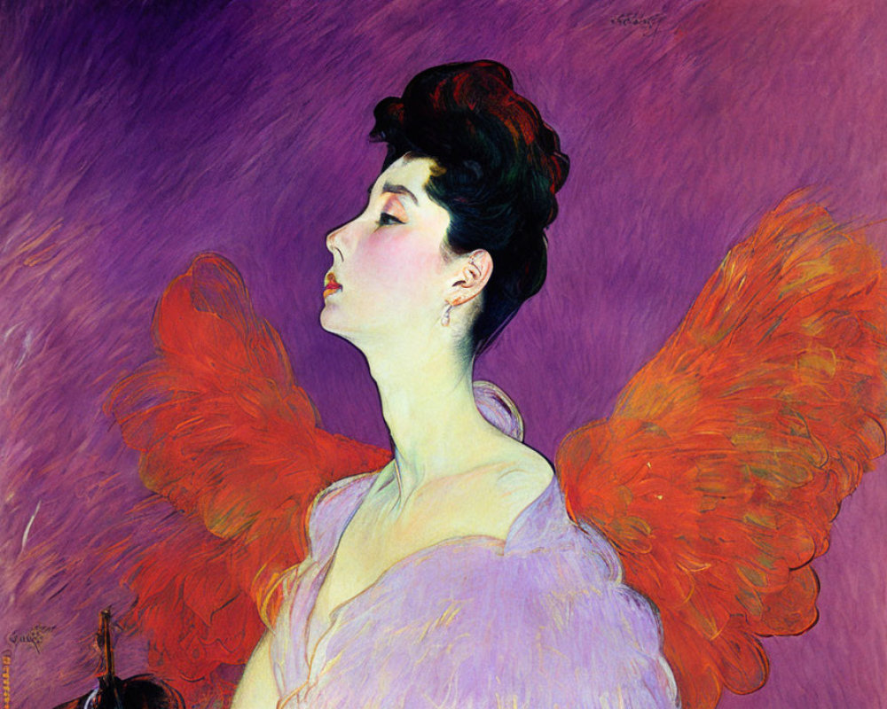 Woman in Updo Hairstyle with Red Feathered Wings on Purple Background