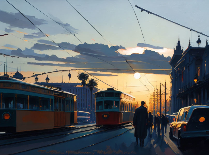 Person walking towards sunset-lit street with vintage trams and ornate buildings