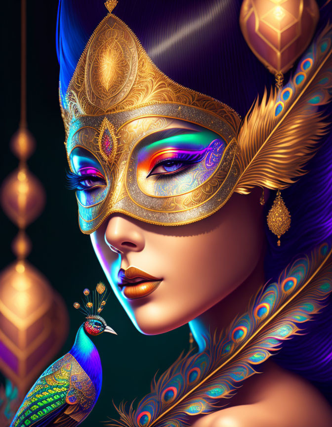 Colorful digital artwork: Woman with golden mask and peacock feathers