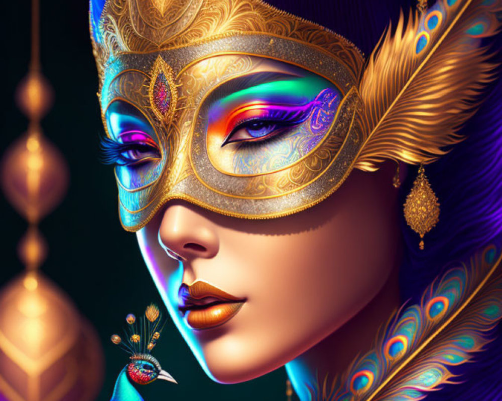 Colorful digital artwork: Woman with golden mask and peacock feathers