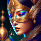 Colorful digital artwork: Woman with golden mask and peacock feathers