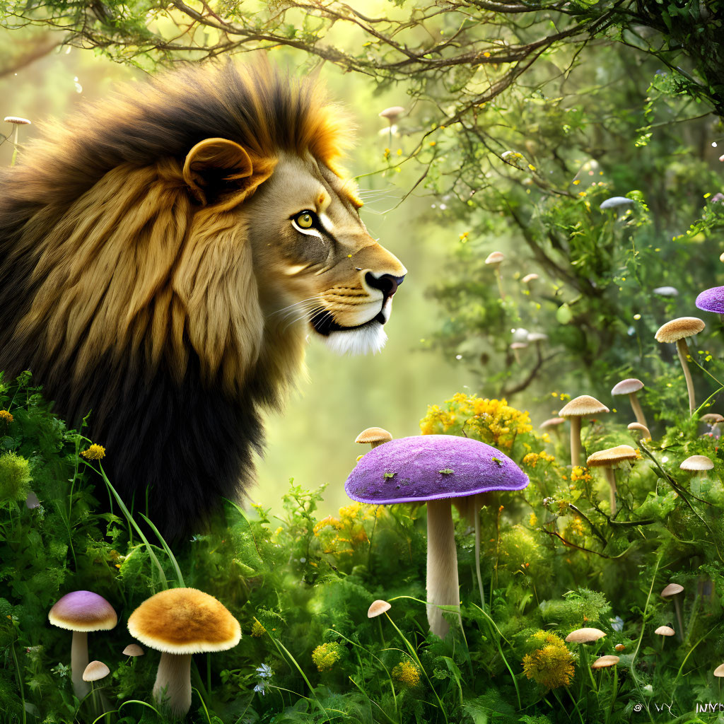Majestic lion head in lush green foliage with vibrant mushrooms