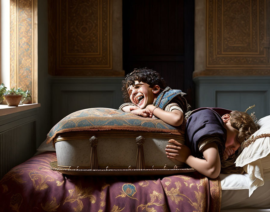 Children laughing on plush ottoman in cozy, sunlit room