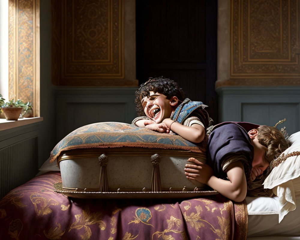 Children laughing on plush ottoman in cozy, sunlit room